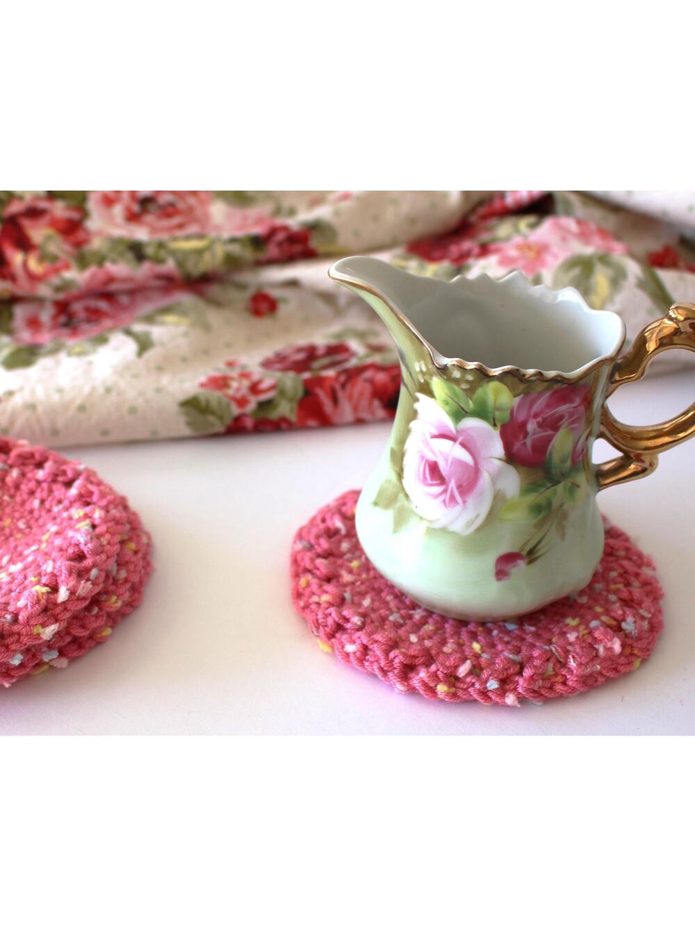 Set of 4 Handmade Crocheted Coasters, Hot Pink Housewarming Gift